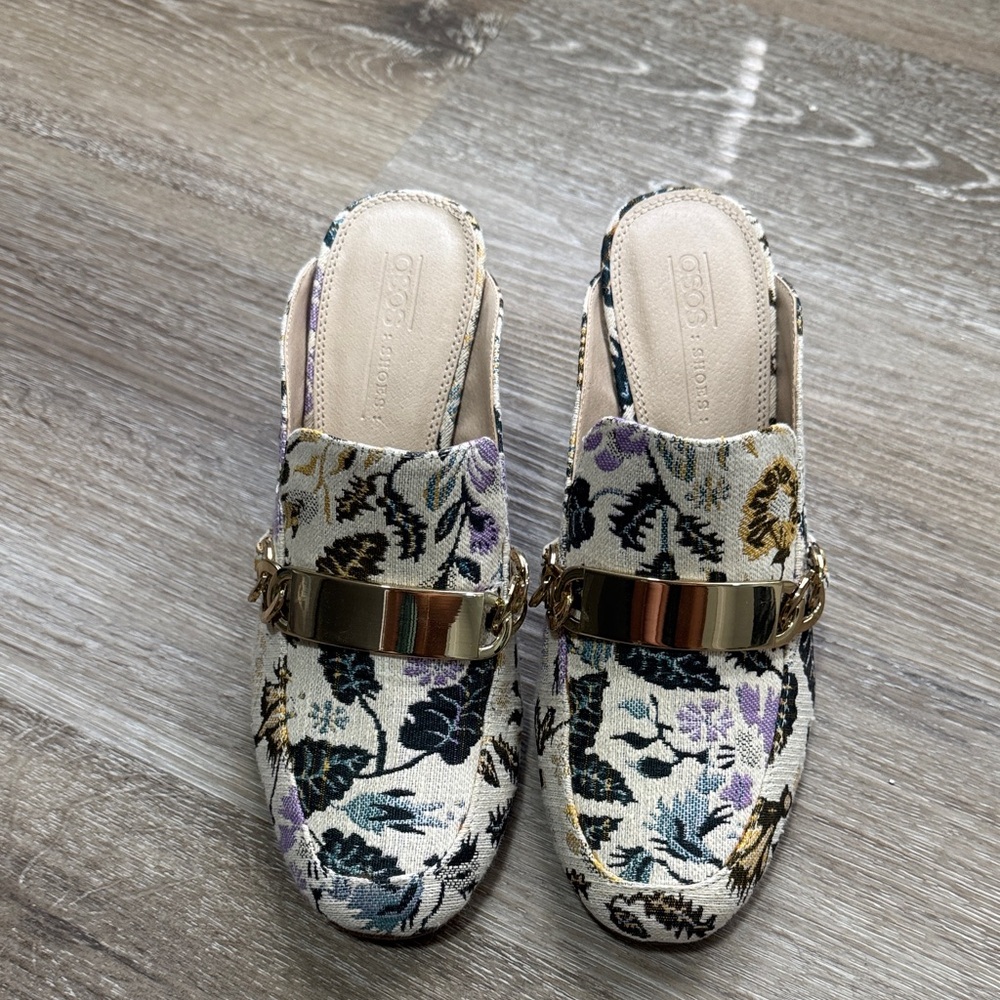 ASOS Floral Embroidered Slip-On heel mules with Gold Accent